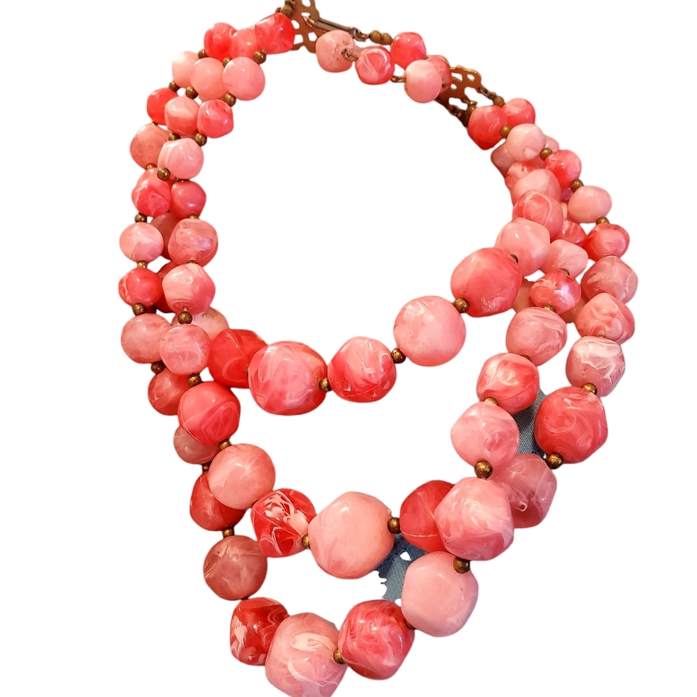 Kramer Pink Lucite Necklace Triple Strand Mid Century Abstract Swirl - Picture 6 of 10